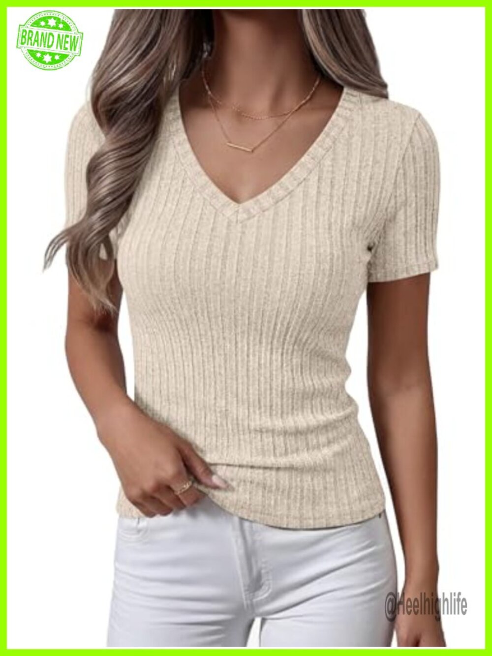 Short Sleeve V-Neck Ribbed Knit Top Slim Fit Women's Casual Tee